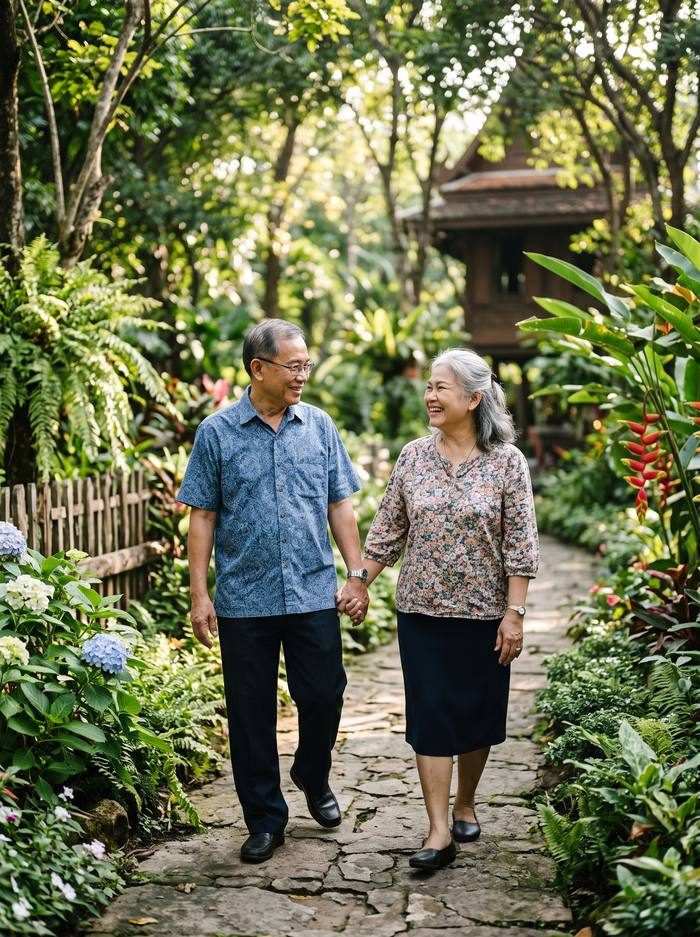 คู่รักผู้สูงวัยเดินจับมือกันอย่างมีความสุขในสวน สื่อถึงมันนี่ ฟิต รีไทร์ (G) ไทยประกันชีวิต