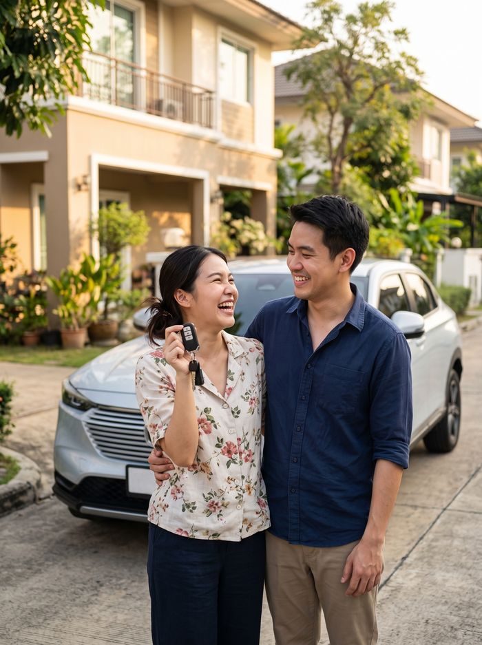 คู่รักหนุ่มสาวยิ้มดีใจถือกุญแจรถคันใหม่หน้าบ้าน สื่อถึงมันนี่ ฟิต เฟิร์ม 15/10 ไทยประกันชีวิต