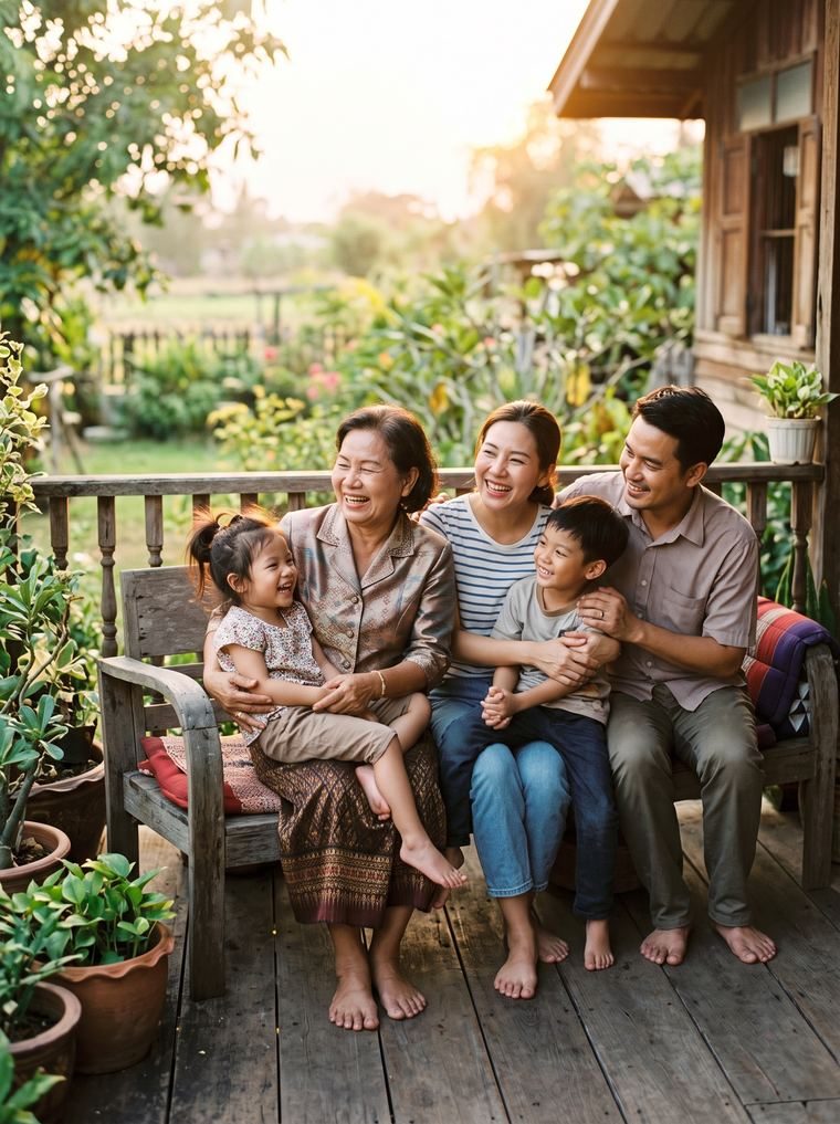 ครอบครัวสามวัยนั่งพูดคุยกันอย่างอบอุ่นที่บ้าน สื่อถึงความอุ่นใจจากหลักประกันของแผนคุ้มทรัพย์ 19/19