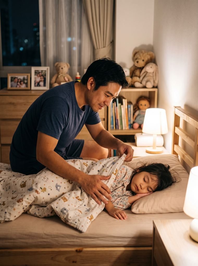 พ่อกำลังห่มผ้าให้ลูกสาวที่หลับสนิทอย่างอ่อนโยน สื่อถึงความรับผิดชอบและความรักในครอบครัว