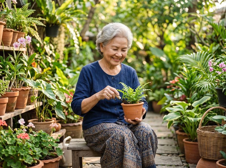 ผู้สูงวัยยิ้มอย่างมีความสุขในสวน สื่อถึงชีวิตที่ยืนยาวและมั่นคงทางการเงิน