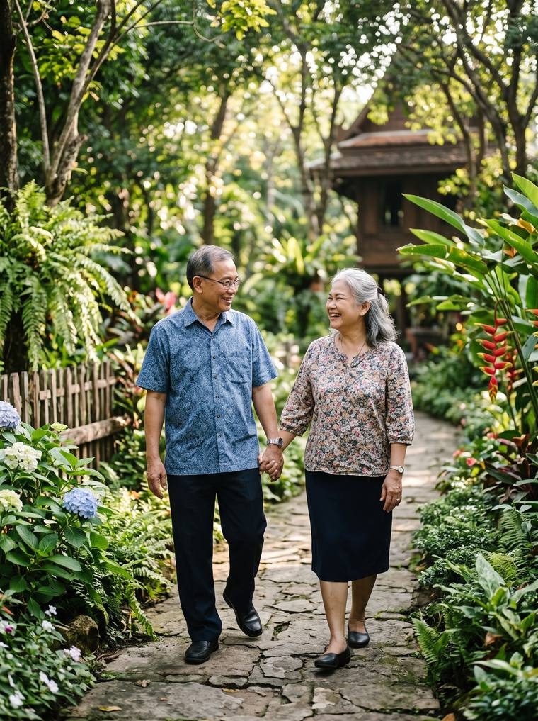 คู่รักผู้สูงวัยเดินจับมือกันอย่างมีความสุขในสวน สื่อถึงมันนี่ ฟิต รีไทร์ (G) ไทยประกันชีวิต