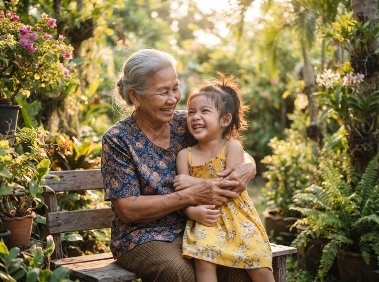 คุณยายและหลานยิ้มหัวเราะด้วยกันในสวน พร้อมเปย์ 108 โรคร้าย คุ้มครองทุกวัย